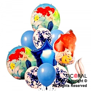 SET DE GLOBOS METALIZADOS LA SIRENITA Y LATEX CON CONFETI x 10 UNIDADES